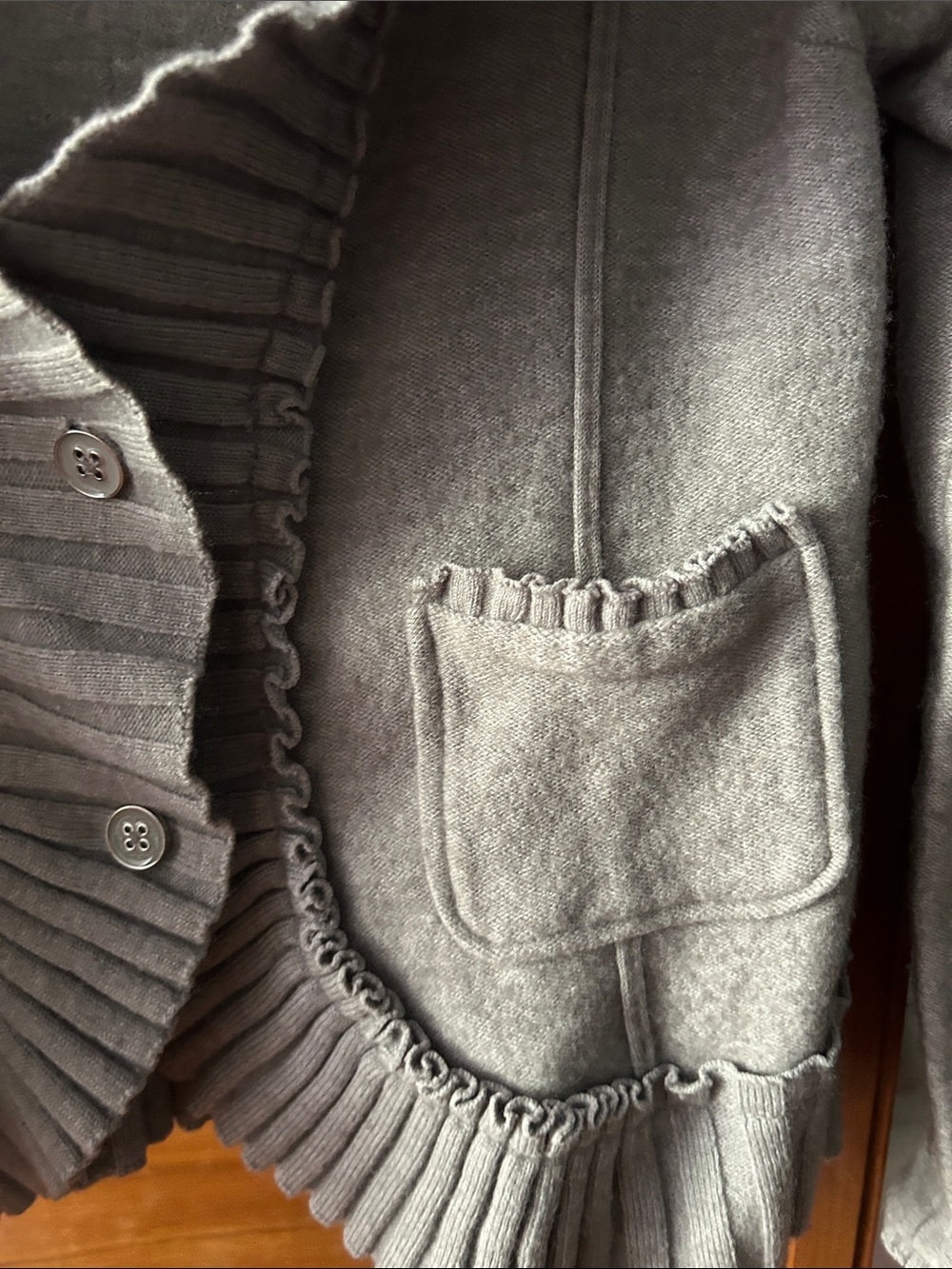 White House Black Market Gray Ruffle Trim Shawl Collar Sweater Jacket - Picture 3 of 7